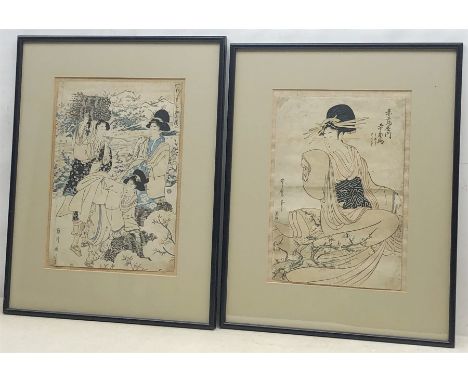 Manner of Kitagawa Utamaro (Japanese 1753-1806): Seated Lady, Japanese Woodblock print 33cm x 23cm and Ladies Harvesting Crop