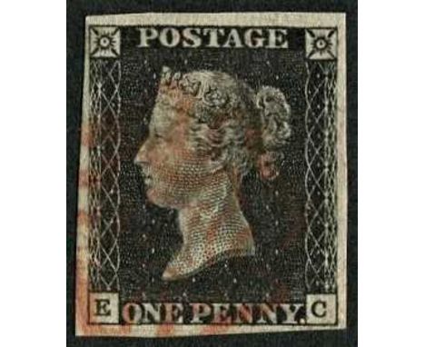 Great Britain 1840 1d black, plate 7 (E-C), four margins and light red Maltese cross postmark.