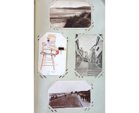 Assorted Postcards in Six Albums. A range of cards, many Edwardian, including theatre/stage performers (some signed), many pr