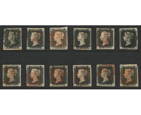 Great Britain 1840 1d black group, the 'L' letters (12), six with four margins incl. very attractive plates 1a (L-K) and 2 (L