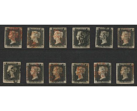 Great Britain 1840 1d black group, the 'K' letters (12), eight with four margins, K-C with light thin spot.