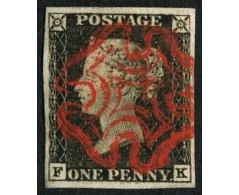 Great Britain 1840 1d black, plate 1a (F-K), four even margins and lovely bright red Maltese cross cancel. The first of 9 sup