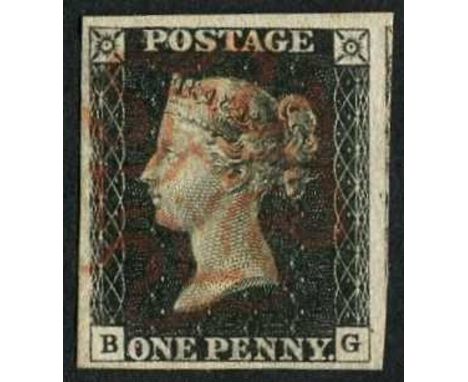 Great Britain 1840 1d black, plate 8 (B-G), four margins with part of adjoining stamp at right, light red Maltese cross cance