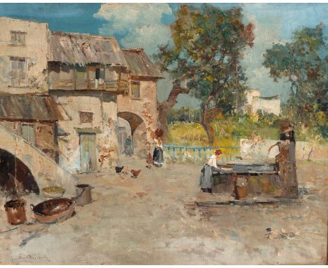Luigi Bertolingrande (1912-1965)/Italian Farmyard/with girls and chickens/signed/oil on canvas, 57cm x 71.5cm CONDITION REPOR
