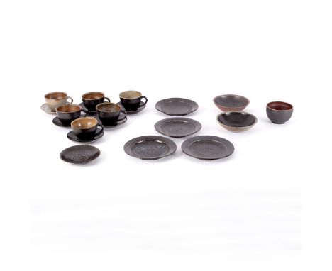Leach Pottery, a small quantity of standard ware comprising six teacups, seven saucers, two cereal bowls, one sugar bowl, fou
