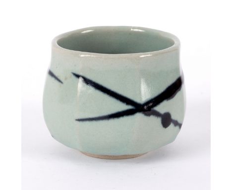 Joanna Wason (born 1952) for Leach Pottery, a stoneware teabowl, celadon glaze with dark blue crossed lines, impressed marks,