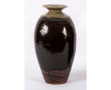 Richard Batterham (born 1936), a stoneware vase of tapering form with flared neck, celadon glaze with ribbed bands to shoulde