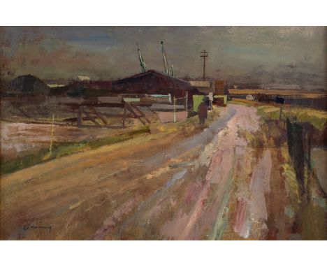 Fred Cuming RA (born 1930)/Goods Yard, Chatham/signed/oil on board, 25cm x 38cm/New Grafton Gallery label verso/Provenance: S