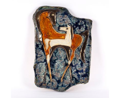 Helmut Schäffenacker (1921-2010), Mare and Foal, a ceramic wall plaque with design of horses in coloured and lustre glazes, i