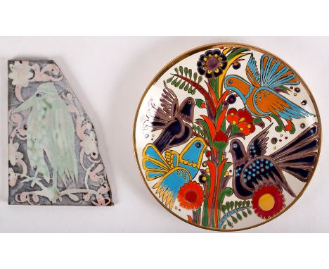 David Reeves (Contemporary), a ceramic tile painted a bird, irregular shape, 19cm high and a 1970s Greek plate with polychrom