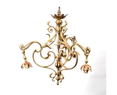 An Art Nouveau style brass pendant light, of foliate design with copper coloured petal shades, 53cm high CONDITION REPORT: Th