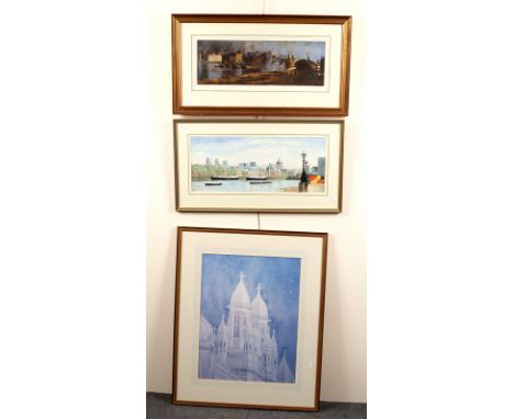 20th Century/St Pauls and City from South Bank/watercolour, 24cm x 58cm/J M Halliday/The Thames at Bankside/signed in pencil 