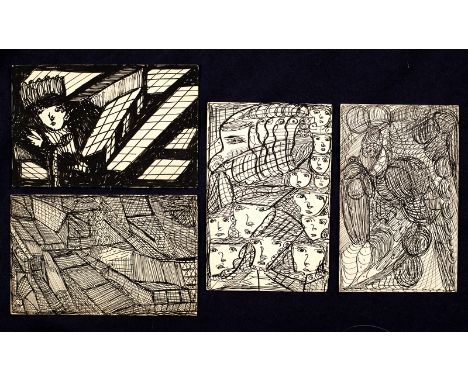 Madge Gill (1882-1961)/Figural and Abstract Sketches/pen and ink on postcards, 14cm x 9cm [4]/Note: Madge Gill was an English