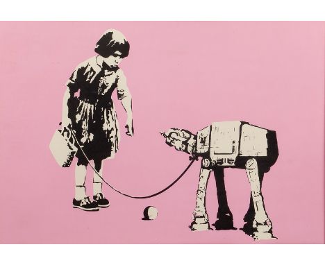 Eelus/What U Looking At?/girl with robot dog with pink background/signed in pencil and with embossed stamp of skull, limited 