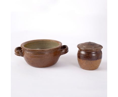 Richard Batterham (born 1936), a stoneware circular lidded pot, speckled brown glazes, 9cm high and a similar two-handled bow