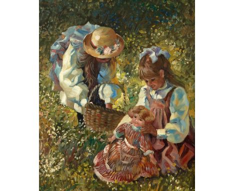 M Hays/Picking Cowslips/two girls in a flower meadow, one with blanket and the other with doll/signed/oil on canvas, 60cm x 5