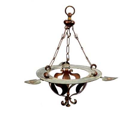 Attributed to Birmingham School of Handicrafts, British 1920s, a hammered copper pendant light, the sides with fleur de lys m