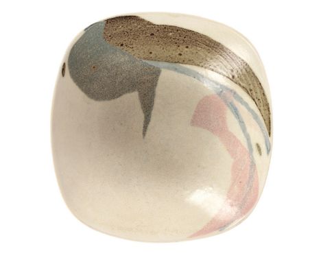 Jack Doherty (born 1948), a soda-fired porcelain square bowl with cream glaze and pastel designs, impressed mark, 25.5cm x 25