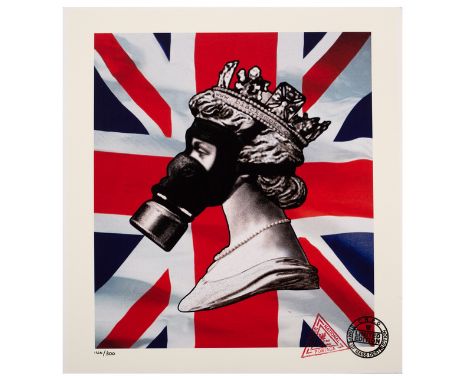 CNPD (Jimmy Cauty, British, born 1956)/Queen with Gas Mask Union Jack stamp/limited edition, 146/300 with Cautese National Po