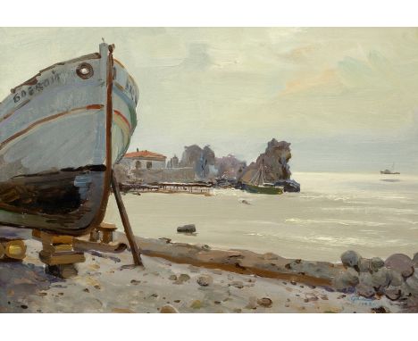 Piotr Soulimenko (1914-1996)/Boat Building, The Don/signed in cyrillic and dated 1972/oil on artist's card, 33cm x 47cm/Prove