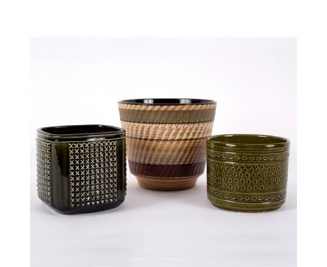 Sylvac, a 1970s green glaze planter embossed cross decoration, 11.5cm high, a small green glaze planter, 10cm high and anothe
