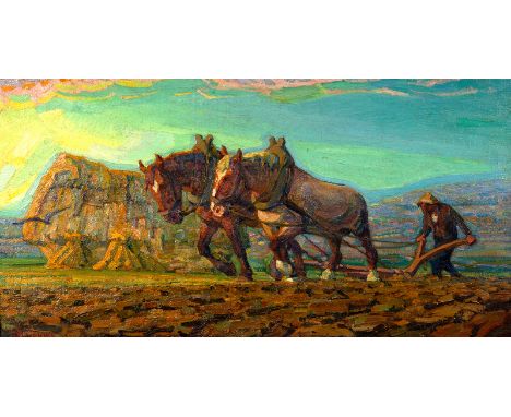 Adriaan Herman Gouwe (1875-1965)/Landscape with Ploughman and Horses/signed A H Gouwer lower left; the back inscribed A H Gou