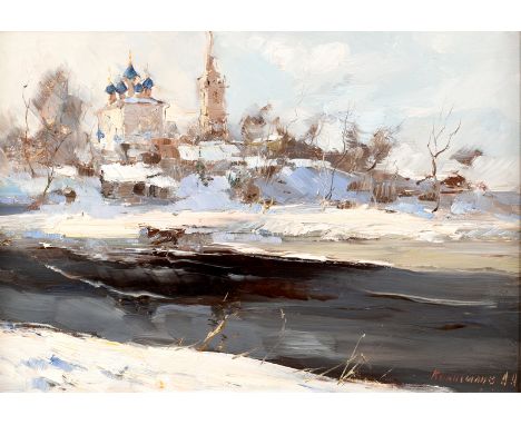 Alexander Kolotilov (born 1946)/Snowy Village Scene/cyrillic signature lower right/oil on board, 32cm x 46cm CONDITION REPORT