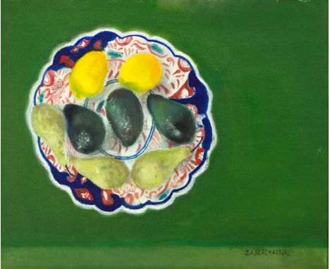 Dame Elizabeth Blackadder (born 1931)/Japanese Plate with Fruit/signed/oil on canvas, 44.5cm x 54.5cm/Exhibited: Royal Academ