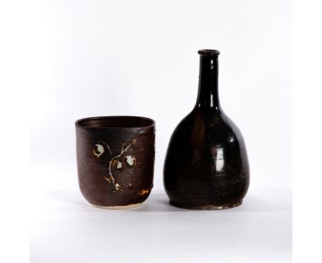 A Studio Pottery square form vase, tenmoku glaze with applied enamel decoration of branches of honesty in white and grey, imp