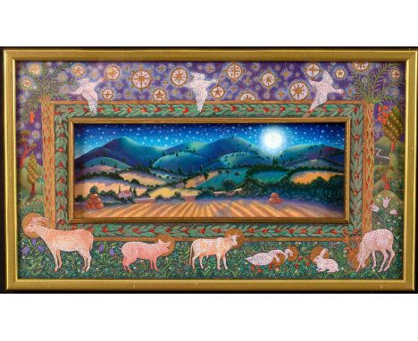 Fiona Owen (Contemporary)/A Ballad to the Brightening Moon, Ravenna/Italian moonlit landscape, within intricate border of mic