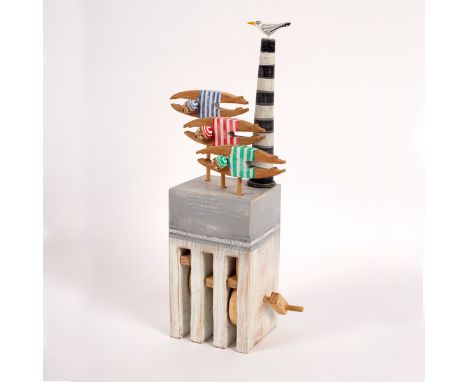 Jane Ryan (born 1962) for Opi Works, Swimmers, wood and mixed media automaton, painted mark to back OPI, 36cm high CONDITION 