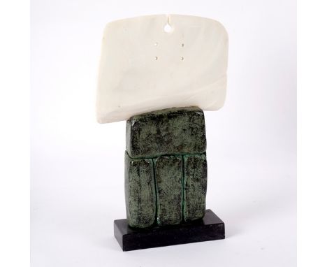 Peter Hayes (born 1946), a pierced porcelain blade on clay form and slate base, signed and inscribed Udaipur 2015, 25.75cm hi