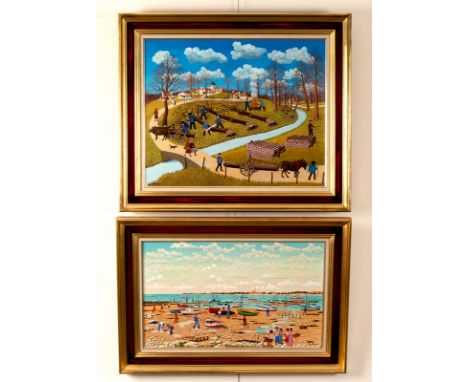 Pierre Guillaud (1914-2012)/Les Bucherons/signed; gallery labels to back/oil on board, 49cm x 60cm and/Beach Scene/signed low