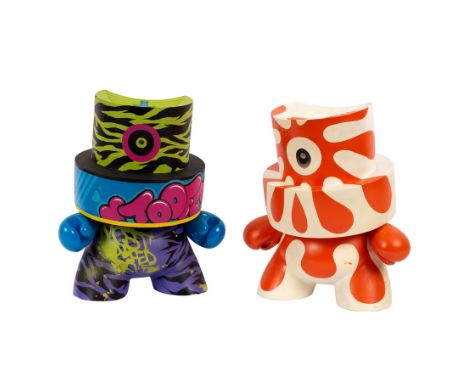 Toofly for Kid Robot two Dunny Fat Cap Series figures, hand painted graffitti, 40cm high (2)