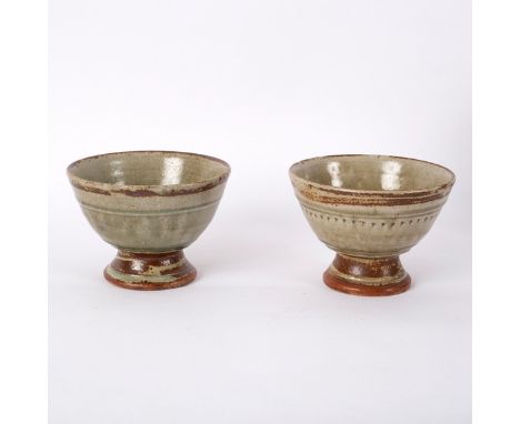 Richard Batterham (born 1936), a stoneware footed bowl, celadon ash glaze with band of triangular designs and another similar