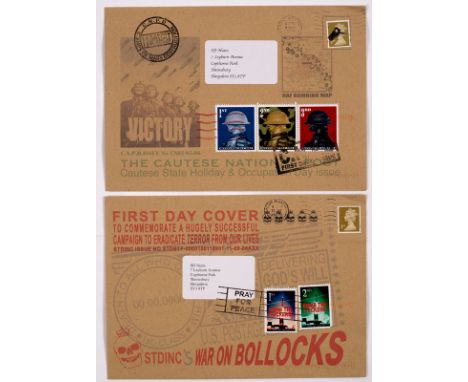 CNPD (Jimmy Cauty, British, born 1956)/Victory first day cover with block of three CNPD Occupation Day stamps/War on Bollocks