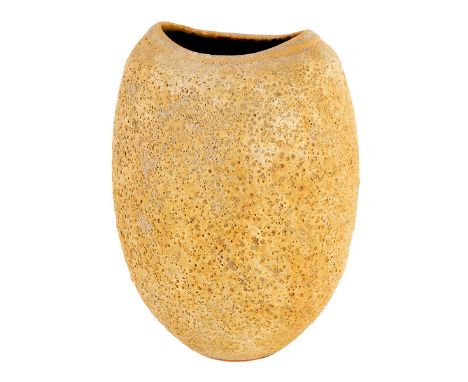 Chris Carter (born 1945), a stoneware vessel, yellow silicon carbide glaze to exterior, tenmoku glaze to interior, impressed 