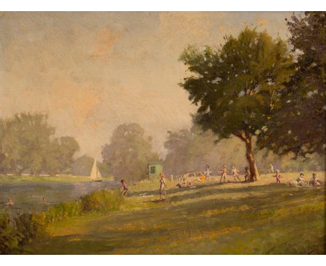 Arthur Somerscales (20th Century)/August Day, Aston Ferry/signed and dated '55; inscribed on the back/oil on board, 30cm x 40