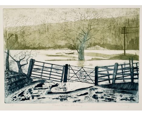 Leslie Duxbury (1921-2001)/Flooded Pasture, Llandovery/signed in pencil, inscribed with title and A/P/coloured etching, plate