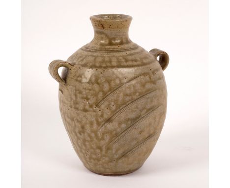 Phil Rogers (born 1951), a twin-handled stoneware vase, with incised decoration, impressed Rhayader mark and signed Phil Roge