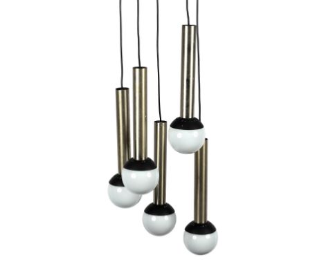 Stilnovo, Italian 1950s, a five-light chandelier, five pendant white glass shades of globe form suspended from chrome cylinde