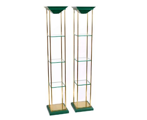 A pair of tall modern display stands, each with brass frame and three shelves, inset light to the top, 186cm high, 26.5cm squ