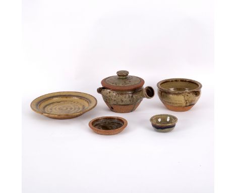 Richard Batterham (born 1936), an earthenware soup bowl and cover, partial ash glaze, 12cm high, impressed mark RB, a similar