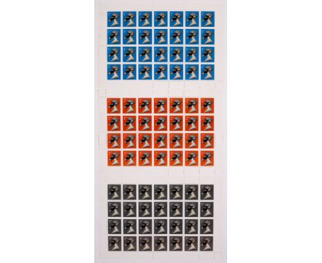 CNPD (Jimmy Cauty, British, born 1956)/Three Stamp sheets of Queen in Gas Mask 1st, 2nd and 3rd class/stamp sheet, 16cm x 23c