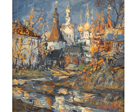 Sergei Chepik (1953-2011)/Rostov Kremlin/signed in cyrillic, inscribed and dated verso/oil on canvas, 22.5cm x 22.5cm CONDITI