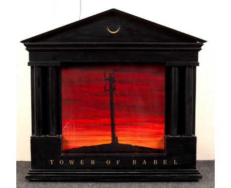 Terry Ilott (born 1945)/Tower of Babel/phone mast silhouetted against a red sky/signed and dated verso/oil on board, image 45