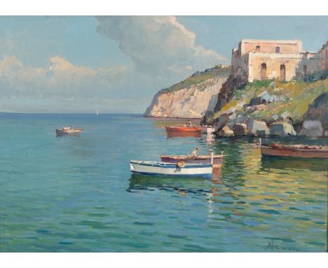 G Mariani (20th Century)/Italian Coastal View, probably near Naples/with figures in fishing boats/signed/oil on board, 50.5cm