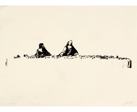 Judas and Jesus at the Last Supper/indistinctly signed/print, 56cm x 76cm