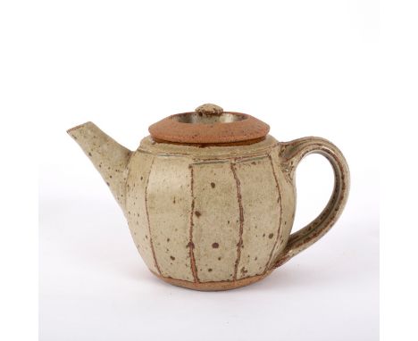 Richard Batterham (born 1936), a small cut sided stoneware teapot, ash glaze with iron speckle, painted mark 6 to underside, 