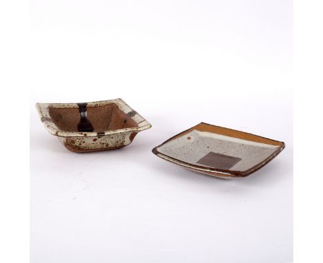 Janet Leach (1918-1997), a square stoneware bowl with painted cross motif, 15cm and a shallow square dish, 15cm, each impress